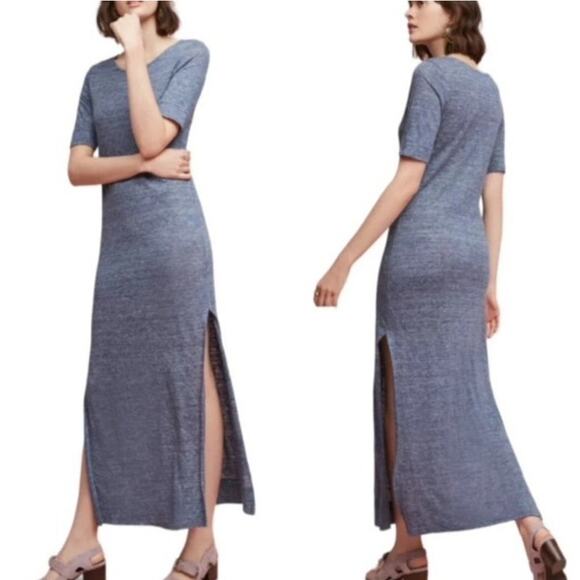 Anthropologie Linen Maxi Dress Side Slits Short Sleeve Slate Blue Space Dye XS P - Picture 1 of 9